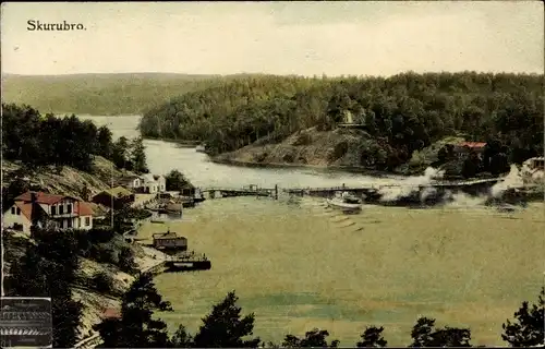 Ak Trollhättan Schweden, Skurubro, Teilansicht vom Ort, Brücke, Flussdampfer, Wald