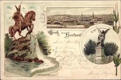 Litho Herford in Nordrhein Westfalen, Wittekind Brunnen, Kriegerdenkmal, Stadtpanorama