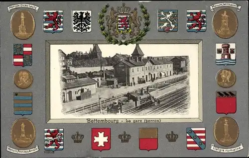 Präge Wappen Ak Bettemburg Luxemburg, La gare, Bahnhof, Dampflok, Denkmäler