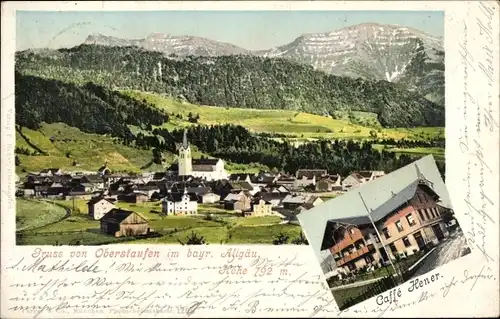 Ak Oberstaufen im Oberallgäu, Café Hener, Kirche, Ortschaft mit Landschaftsblick, Purger & Co. 1288