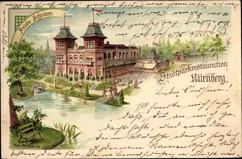 Künstler Litho Heidner, Heinrich, Nürnberg Mittelfranken Bayern, Stadtpark Restauration, F. Schröder