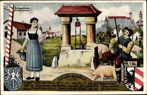 Künstler Ak Späth, Schweinau Nürnberg in Mittelfranken Bayern, Schweinauer Durl, Brunnen, Wappen
