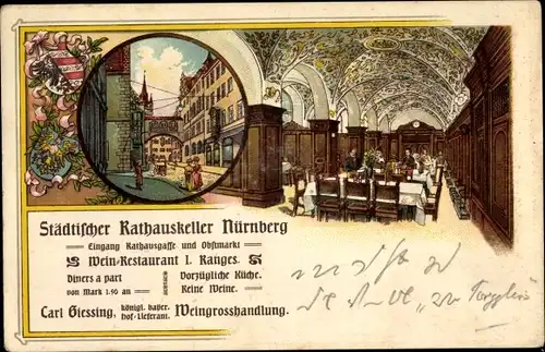 Litho Nürnberg in Mittelfranken Bayern, Städtischer Rathauskeller, Carl Giessing, Wappen