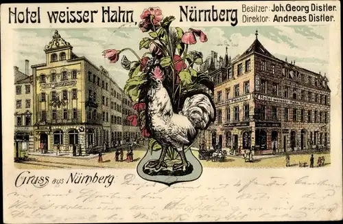 Litho Nürnberg in Mittelfranken Bayern, Hotel weißer Hahn, Bes. Joh. Georg Distler, Andreas Distler