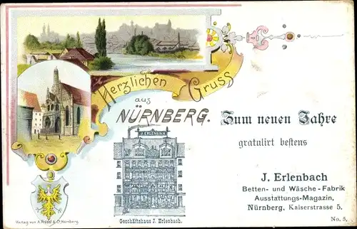 Litho Nürnberg in Mittelfranken Bayern, Geschäftshaus J. Erlenbach, Kaiserstraße 5, Wappen