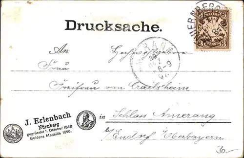 Litho Nürnberg in Mittelfranken Bayern, Geschäftshaus J. Erlenbach, Kaiserstraße 5, Wappen, Trichter