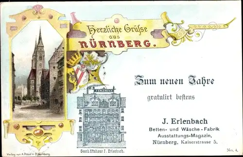 Litho Nürnberg in Mittelfranken Bayern, Geschäftshaus J. Erlenbach, Kaiserstraße 5, Wappen