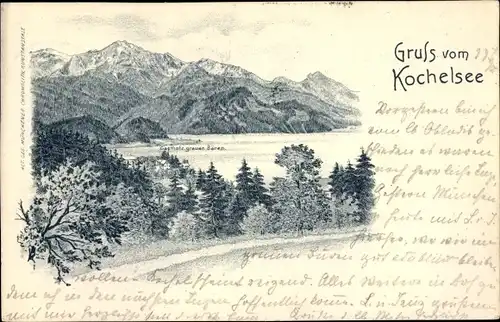 Litho Kochel am See in Oberbayern, Gasthof zum grauen Bären, Landschaftspanorama