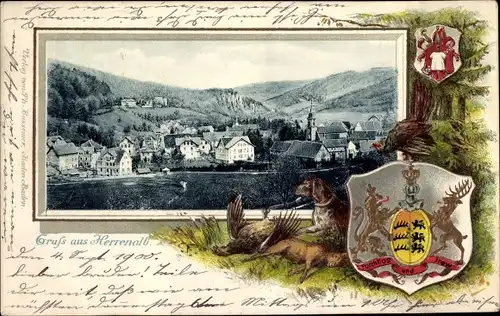 Präge Wappen Ak Bad Herrenalb im Schwarzwald, Kirche, Panorama vom Ort, Jagdszene