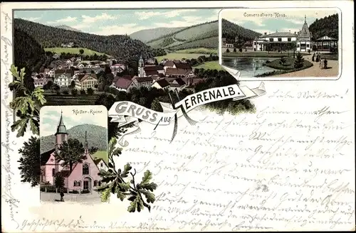 Litho Bad Herrenalb im Schwarzwald, Klosterruine, Konversationshaus, Panorama vom Ort