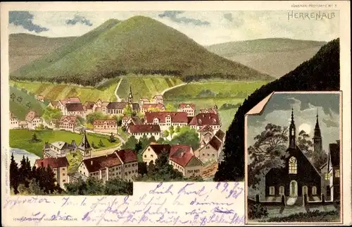 Künstler Litho Bad Herrenalb im Schwarzwald, Kirche, Ortspanorama