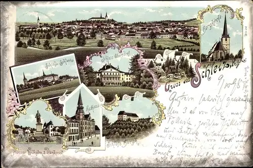 Litho Schleiz im Vogtland Thüringen, Schlösser, Rathaus, Bergkirche