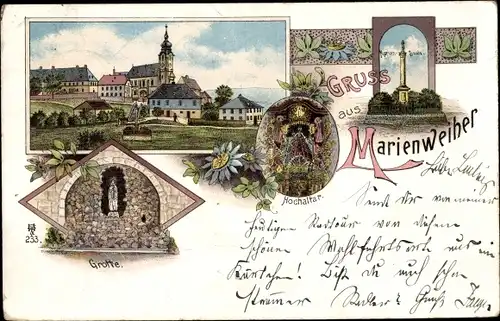 Litho Marienweiher Marktleugast im Frankenwald Bayern, Kirche, Grotte, Hochaltar 