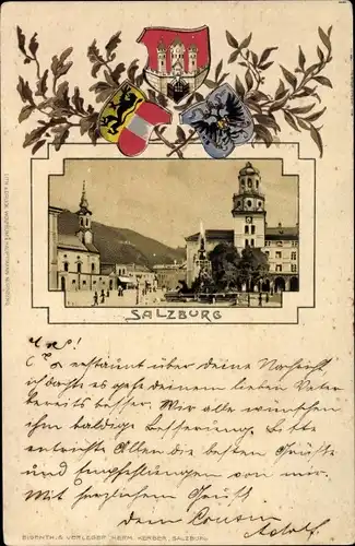 Präge Wappen Litho Salzburg in Österreich, Teilansicht der Stadt