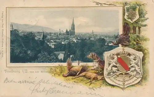 Präge Wappen Ak Freiburg im Breisgau, Münster, Stadtpanorama, Jagdszene