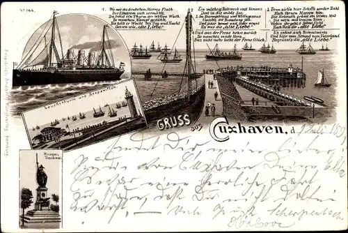Litho Cuxhaven in Niedersachsen, Alte Liebe, Leuchtturm, Seepavillon, Kriegerdenkmal