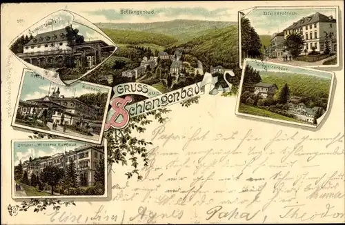 Litho Schlangenbad im Taunus Hessen, Nassauer Hof, Kurhaus, Schweizerhaus, Eltviller Straße