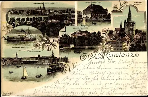 Litho Konstanz am Bodensee, Münster, Konziliumsgebäude, Landungssteg, Dampfer, Seestraße