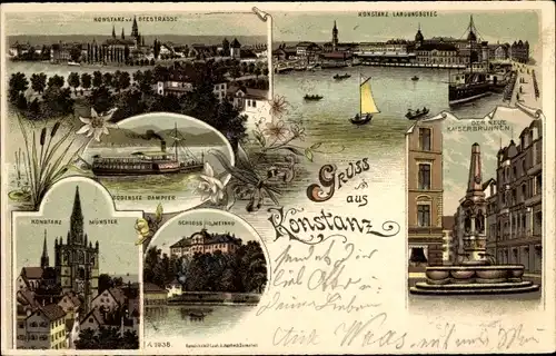 Litho Konstanz am Bodensee, Münster, Kaiserbrunnen, Landungssteg, Bodenseedampfer, Mainau