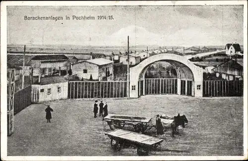 Ak Puchheim in Oberbayern, Kriegsgefangenenlager, Barackenanlagen 1914/15