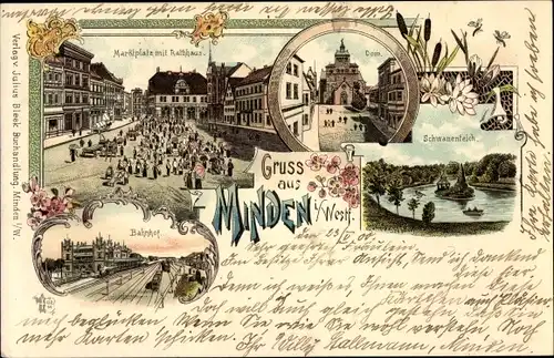 Litho Minden in Westfalen, Marktplatz, Rathaus, Dom, Schwanenteich, Bahnhof