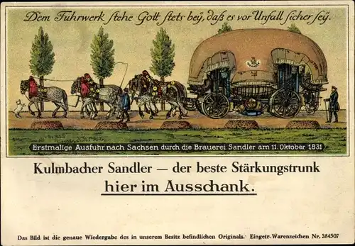 Künstler Ak Kulmbach Oberfranken, Kulmbacher Sandler, erstmalige Ausfuhr nach Sachsen, Bierkutsche