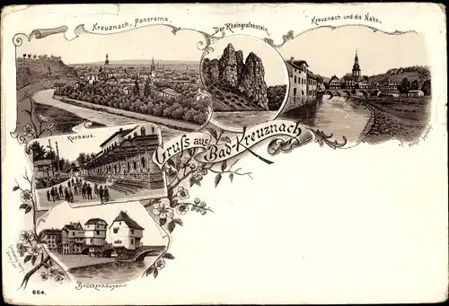 Litho Bad Kreuznach in Rheinland Pfalz, Kurhaus, Brückenhäuser, Rheingrafenstein