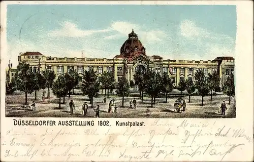 Ak Düsseldorf am Rhein, Ausstellung 1902, Kunstpalast, Außenansicht, Menschen