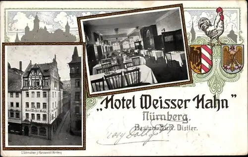 Ak Nürnberg, Hotel Weißer Hahn, Inh. A. u. R. Distler, Wappen
