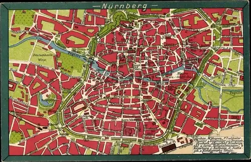 Stadtplan Ak Nürnberg, Pegnitz, Hauptmarkt, Kornmarkt, Ägidienplatz, Rosenau, Deutschherrnwiese
