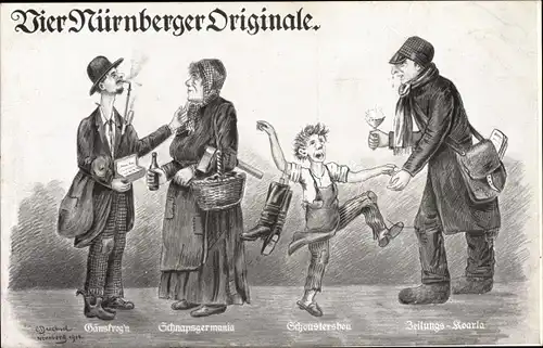 Künstler Ak Nürnberg, Vier Originale, Gänskrogn, Schnapsgermania, Schousterbou, Zeitungs Koarla