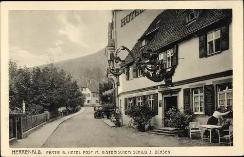 Ak Bad Herrenalb im Schwarzwald, Hotel Post, Historisches Schild zum Ochsen
