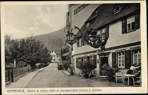 Ak Bad Herrenalb im Schwarzwald, Hotel Post, Historisches Schild zum Ochsen