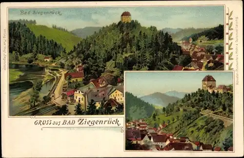 Künstler Litho Ziegenrück Thüringen, Gesamtansicht, Burg