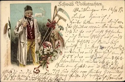 Litho Schwäbische Volkstrachten, Schwabe mit Pfeife