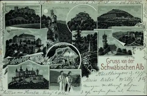 Mondschein Litho Göppingen, Schwäbische Alb, Hohenstaufen, Hohenzollern, Neuffen, Teck, Nebelhöhle
