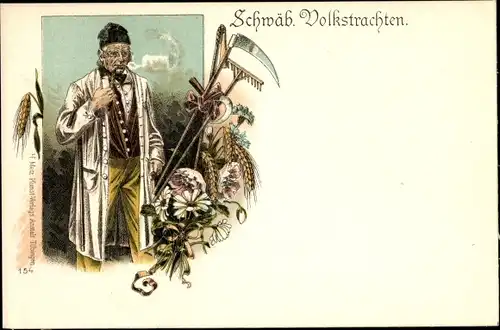 Litho Schwäbische Volkstrachten, Schwabe mit Pfeife