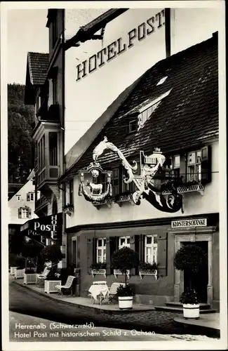 Ak Bad Herrenalb im Schwarzwald, Hotel Post, historisches Schild zum Ochsen, Klosterschänke