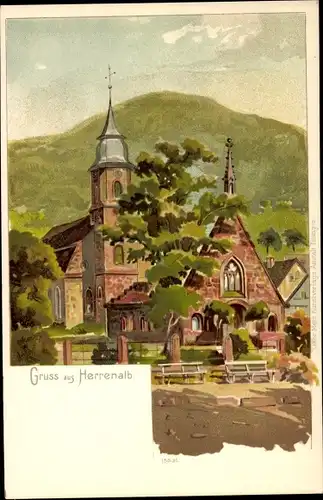 Künstler Litho Bad Herrenalb im Schwarzwald, Kirche, Paradies, Klosterruine