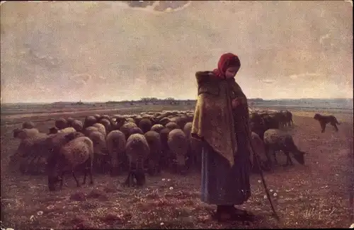 Künstler Ak Millet, Schäferin, Schafsherde, Hirtenhund
