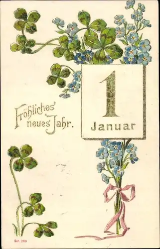 Präge Gold Ak Glückwunsch Neujahr, Kalender, Kleeblätter, Vergissmeinnicht