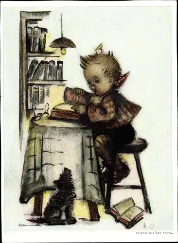 Künstler Ak Hummel, Berta, Junge, Hund, Bücher, Nr. 5439