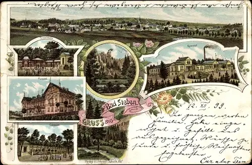Litho Bad Steben im Frankenwald Bayern, Kuranstalt, Tempelquelle, Kolonnade, Parkhotel, Hirschsprung