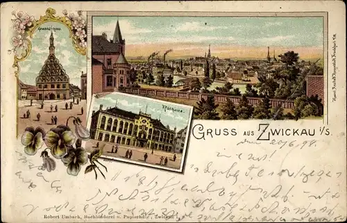 Litho Zwickau in Sachsen, Gewandhaus, Rathaus, Stadtpanorama