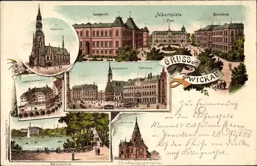 Litho Zwickau in Sachsen, Marienkirche, Albertplatz, Landgericht, Realschule, Gewandhaus, Rathaus