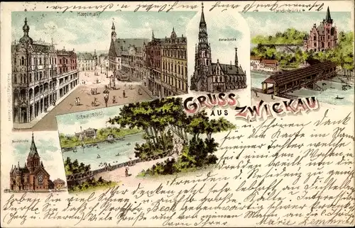 Litho Zwickau in Sachsen, Hauptmarkt, Marienkirche, Paradiesbrücke, Schwanenteich, Moritzkirche