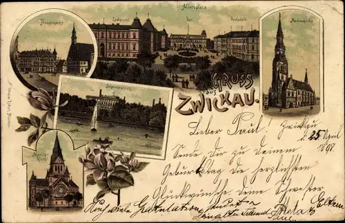 Litho Zwickau in Sachsen, Moritzkirche, Hauptmarkt, Landgericht, Albertplatz, Realschule, Post