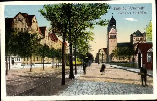 Ak Oberkassel Düsseldorf am Rhein, Luegallee, St. Antonius Kirche, Straßenbahn