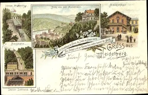 Litho Heidelberg am Neckar, Molkenkur, Station, Bergbahn, Schloss