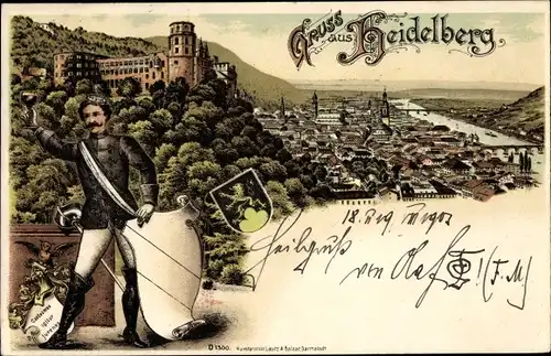 Litho Heidelberg am Neckar, Student, Schloss, Wappen, Stadtpanorama